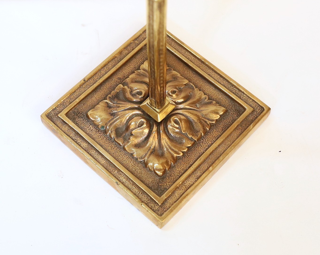 An early 20th century English lacquered brass table lamp with tinted and frosted glass shade, height 46cm